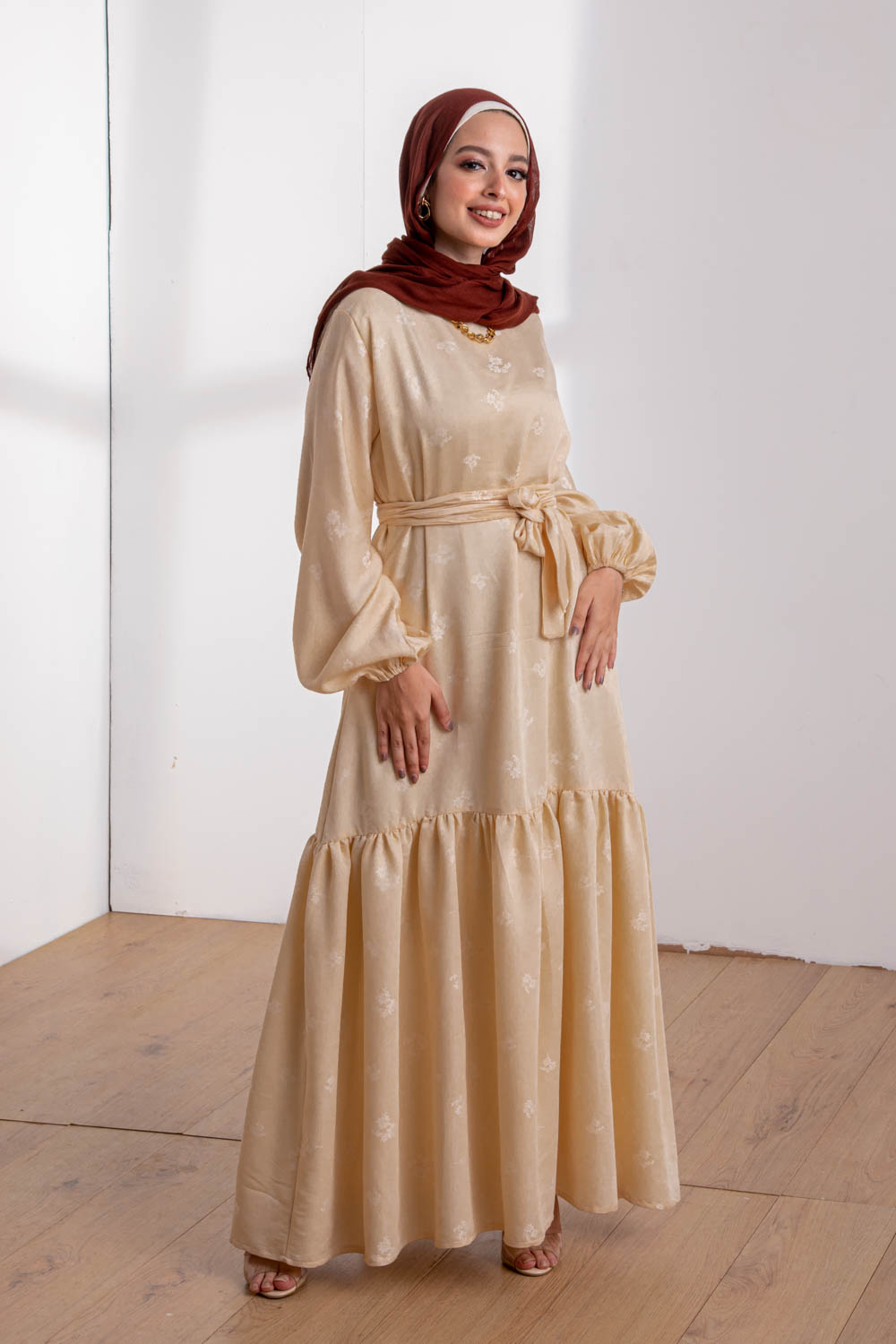Hijab Evening Rayon Cream Pattern Muslim Modest Fashion Fully Lined (XS, S,  M, L) – Reveil