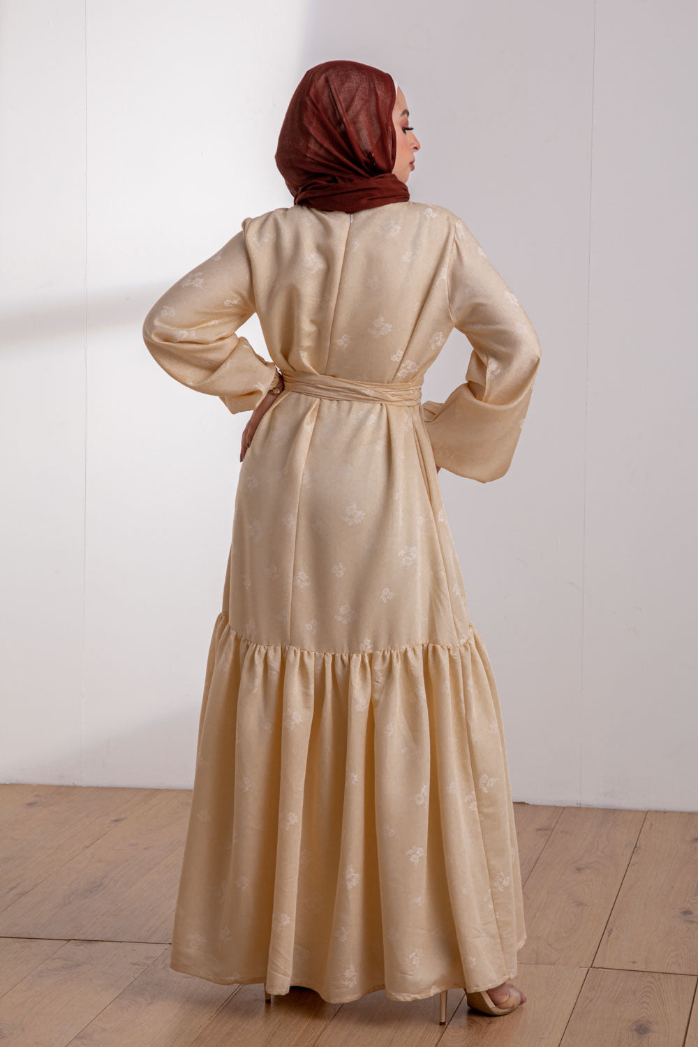 Nadra Jacquard Floral Pattern Cream Dress
